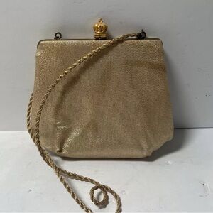 Gold Lame Evening Bag Purse Clutch w/Royal Crown Clasp - Black Lining
